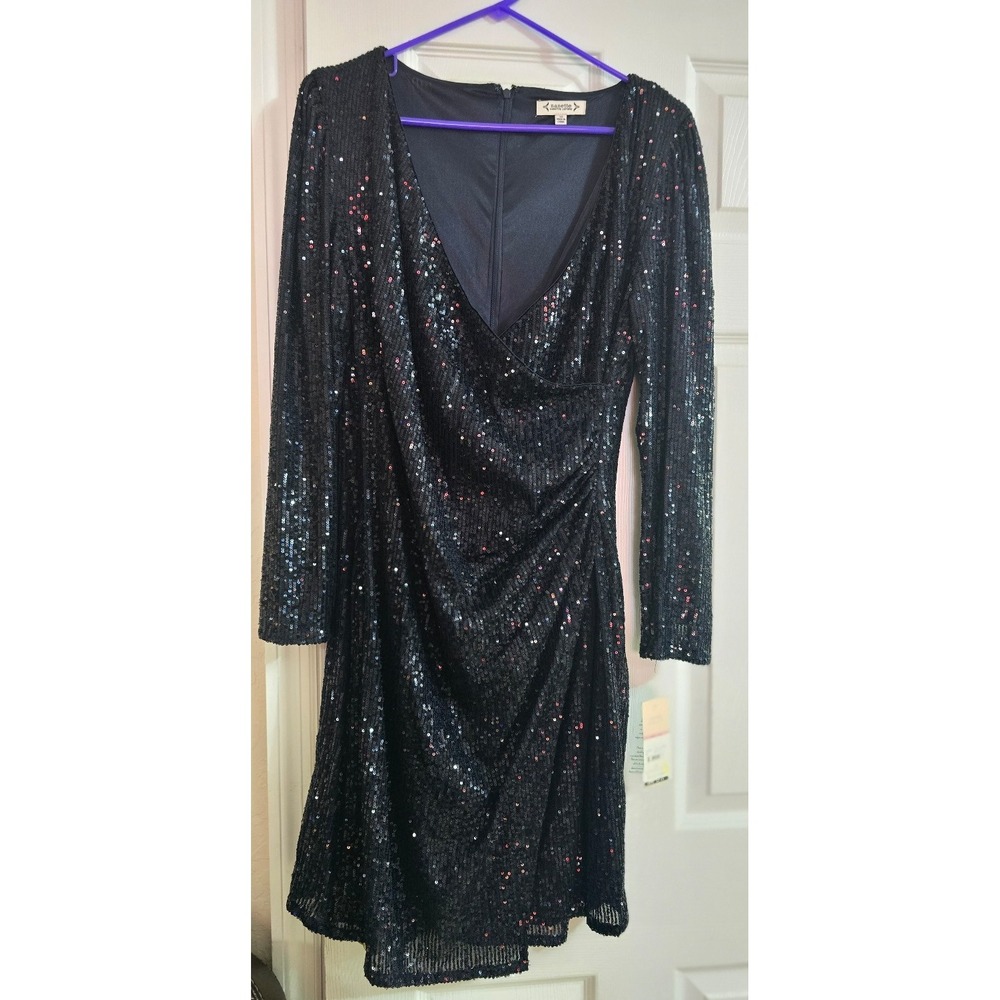 Nanette Lepore NWT Navy Sequin Faux Wrap Cocktail Dress Size 10 Ruched